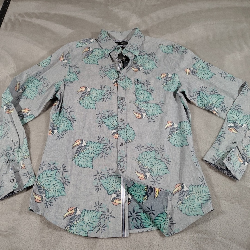 Belle‎ Street Shirt Men M Blue Tropical Toucans Paradise Floral Cotton Vacation